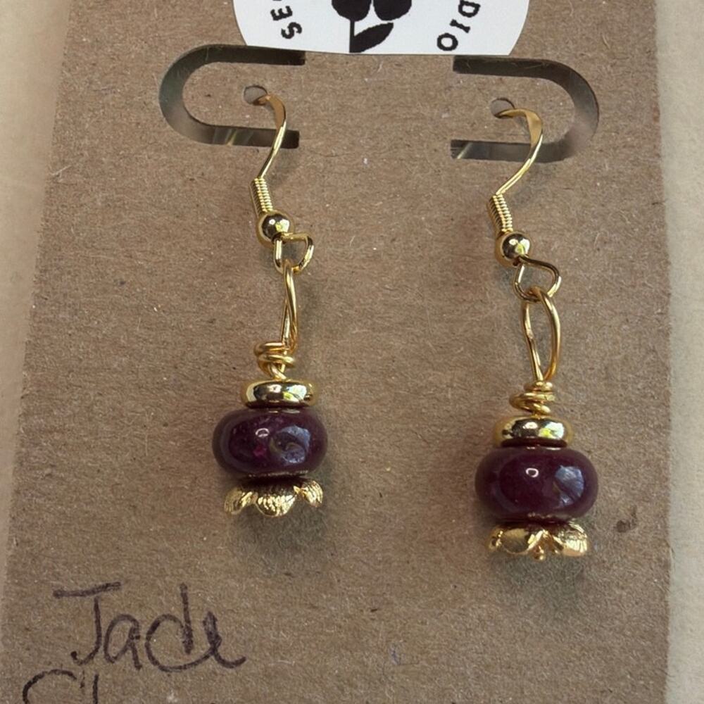 Jade Gemstone Earrings, Purple, Maroon, Gold Over Sterling Silver, Flower